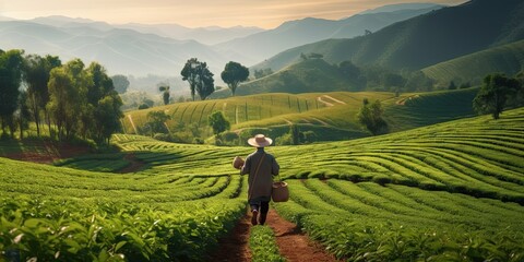 Cultivating prosperity. Life of agricultural worker. Morning mist on tea farm. Farmer tale. Sustainable farming. Nurturing nature growing food - obrazy, fototapety, plakaty