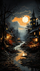 illustration of spooky halloween village with creepy houses and rotten trees