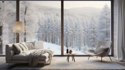 a modern cottage reveals a tranquil snowy forest. Tall trees are cloaked in white, and the serene...