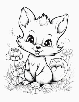 Cute kawaii animal coloring page for kids with nature, Vintage forest, insects. animals cartoon, Black and white vector illustration,