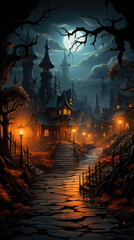 illustration of spooky halloween village with creepy houses and rotten trees