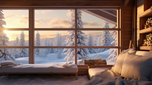 Fototapeta a modern cottage reveals a tranquil snowy forest. Tall trees are cloaked in white, and the serene winter landscape invites you to step into nature's frozen beauty.