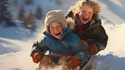 Fotobehang Children are sledding down the snowy slope © cherezoff