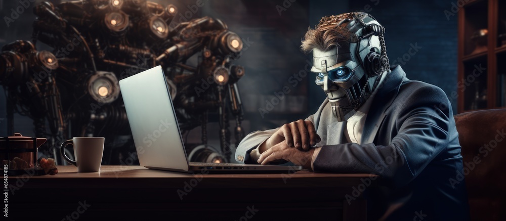 Poster robot working at a table with a laptop with copyspace for text