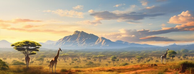 A herd of giraffes roams freely in their natural habitat, set against the majestic mountain backdrop. This scene offers an opportunity to emphasize the beauty and serenity of the wilderness. - Powered by Adobe