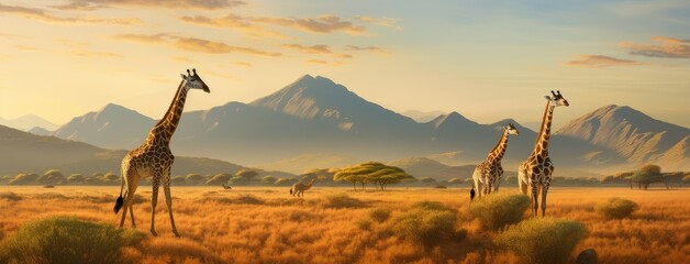 A herd of giraffes roams freely in their natural habitat, set against the majestic mountain backdrop. This scene offers an opportunity to emphasize the beauty and serenity of the wilderness. - obrazy, fototapety, plakaty