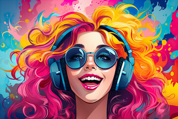 Beautiful young woman with colourful hair in headphones, Happy young woman is listening to music in headphones and sings, colorful background in pop art retro comic style,  - 654874329