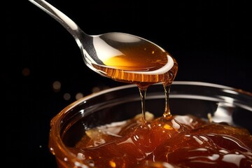 Close up of glass jar full of natural honey with a spoon
