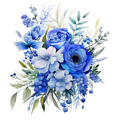 Blue flowers and leaves hand drawn illustration,watercolor painting, abstract background