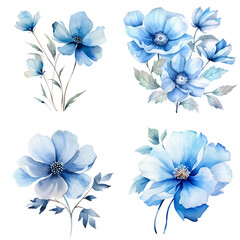 Blue flowers and leaves hand drawn illustration,watercolor painting, abstract background