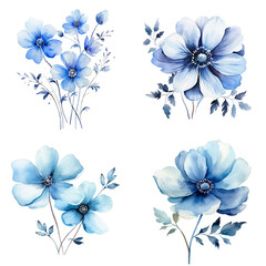 Fototapeta na wymiar Blue flowers and leaves hand drawn illustration,watercolor painting, abstract background