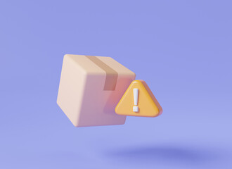 Parcel box with exclamation mark about warning problem delivery. Damaged order, Broken box, Empty torn and wrinkled, Shipping errors, Cancel and failed parcel receipt concept. 3d render illustration