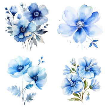 Blue flowers and leaves hand drawn illustration,watercolor painting, abstract background