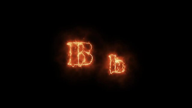 Fire alphabet letters B b capatil and small letter isolated, outline fire and glowing on black background.