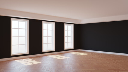 Beautiful Sunny Interior with Black Walls, Three Large Windows, White Ceiling and Cornice, Glossy Herringbone Parquet Flooring and a White Plinth, 3d Rendering. 8K Ultra HD, 7680x4320, 300 dpi