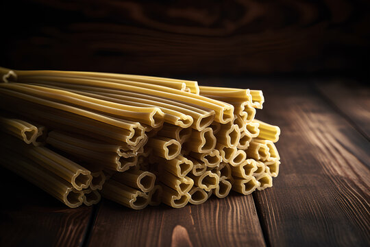 Raw pasta on dark wooden background