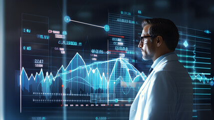 Health business graph, business man looking and analyzing graph