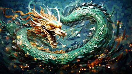 Obraz premium Mosaic of smalt with the image of Traditional Dragon religious symbol of the Chinese New Year. Colorful Chinese dragon in fantasy shape, Zodiac Sign. Chinese new year celebration.