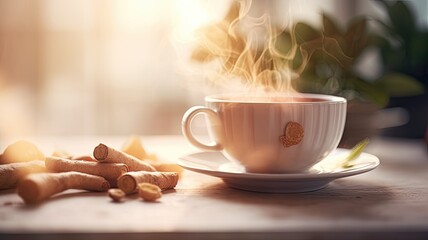 a cup filled with ginger tea, placed on a sleek table alongside fresh ginger root, a teapot, and scattered ginger leaves. The foreground perspective adds depth to the composition. - obrazy, fototapety, plakaty