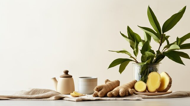 a cup filled with ginger tea, placed on a sleek table alongside fresh ginger root, a teapot, and scattered ginger leaves. The foreground perspective adds depth to the composition.
