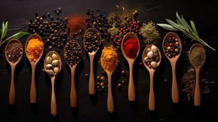 a variety of colorful spices, each held in a different wooden spoon, arranged on a sleek black stone background. The composition leaves ample space for text or additional elements.