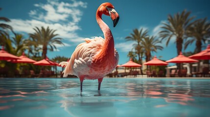 Flamingo in the pool, Summer background
