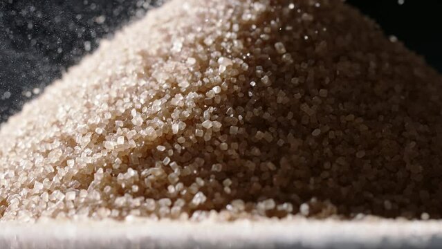 Brown cane sugar is poured on table. Close up slow motion black background. To ward off obesity, diabetes, and other diseases, it is imperative to limit your consumption of sugar. Nutrition diet
