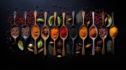 a variety of colorful spices, each held in a different wooden spoon, arranged on a sleek black...