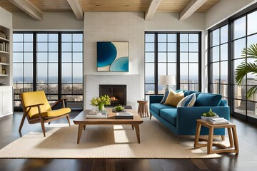A sunlit living room in a modern farmhouse with vibrant blue and yellow decor, cozy armchairs, and a rustic wooden coffee table. - obrazy, fototapety, plakaty