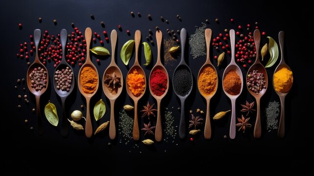 Naklejki a variety of colorful spices, each held in a different wooden spoon, arranged on a sleek black stone background. The composition leaves ample space for text or additional elements.