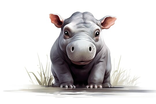 A cute cartoon hippopotamus sitting in the grass and looking at the camera created with Generative AI technology