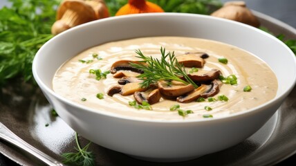 creamy mushroom soup adorned with fresh chanterelles and delicate herbs on a clean white wooden background.