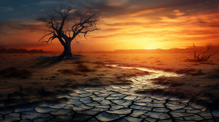 Dry bed of a meandering river, with barren, cracked soil, a barren landscape, and the silhouette of a leafless tree at sunset. Desertification because of climate change and environmental disaster