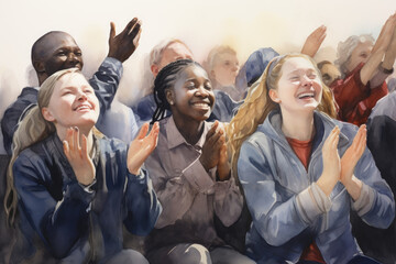 Watercolor illustration of a Group of faithful people in church singing and praying together