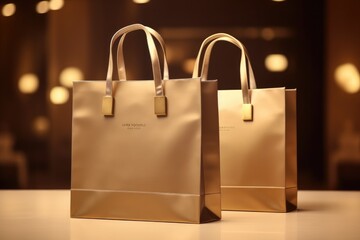 Golden shopping bags mock up - obrazy, fototapety, plakaty