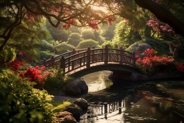 A magical haven for animals with a captivating garden, a colorful bridge, and gentle sunlight. Generative AI