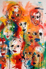 Abstract work of art, people's faces on a colorful background