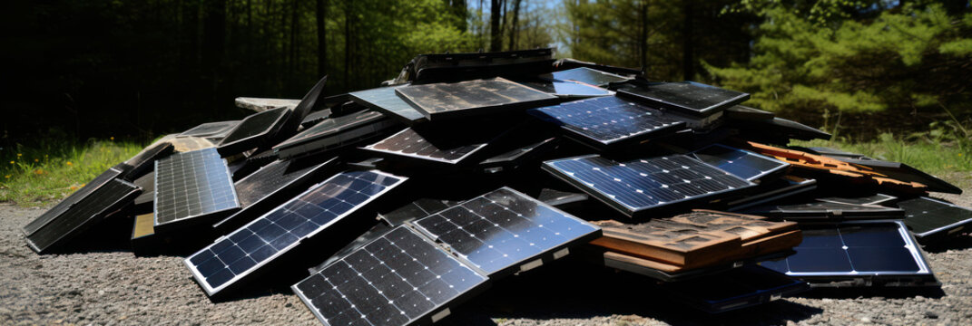 Dump of used broken solar panels, problem of disposal and recycling of solar panels
