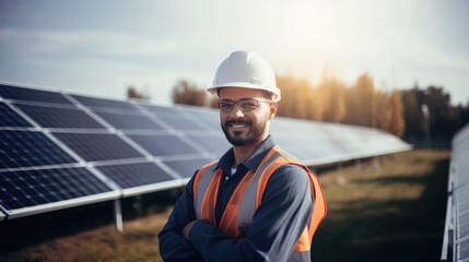 Male engineer worker examining or installing solar panels system outdoors - obrazy, fototapety, plakaty