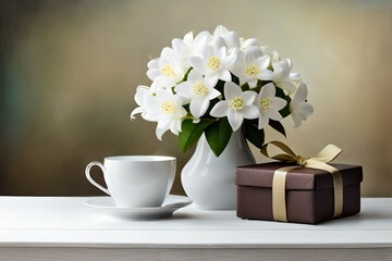 White jasmine blossom flowersbouquet in a vase wit
