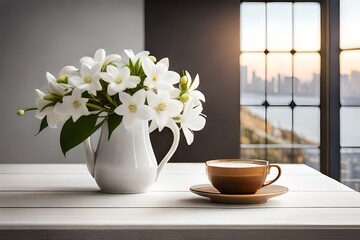 White jasmine blossom flowersbouquet in a vase wit - obrazy, fototapety, plakaty