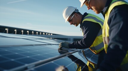 Fototapeta na wymiar Male engineer worker examining or installing solar panels system outdoors