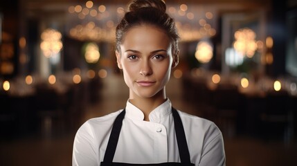 professional woman chef looking into the camera, soft light - obrazy, fototapety, plakaty