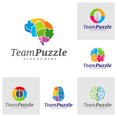 Set of Brain Puzzle logo design vector template, Vector label of puzzle, illustration, Creative icon, design concept