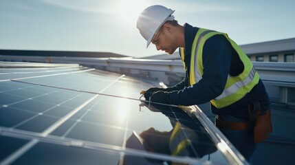 Male engineer worker examining or installing solar panels system outdoors