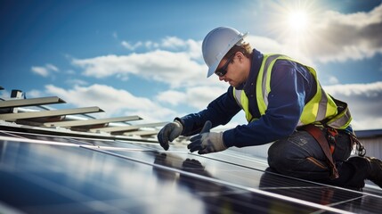 Male engineer worker examining or installing solar panels system outdoors