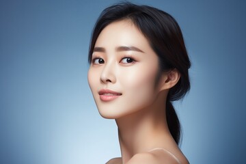 Beautiful asian woman smile with clean fresh skin on blue background. - obrazy, fototapety, plakaty