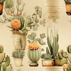 Seamless pattern of Drawn different cacti in vintage style.