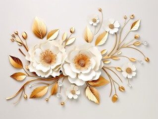 white and gold paper flowers make up a simple art piece on a white background