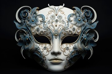 Traditional Venetian carnival mask isolated on black background, closeup, party venetian mask, beautiful theater mask